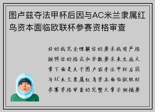 图卢兹夺法甲杯后因与AC米兰隶属红鸟资本面临欧联杯参赛资格审查 图卢兹夺法甲杯后因与AC米兰隶属红鸟资本面临欧联杯参赛资格审查